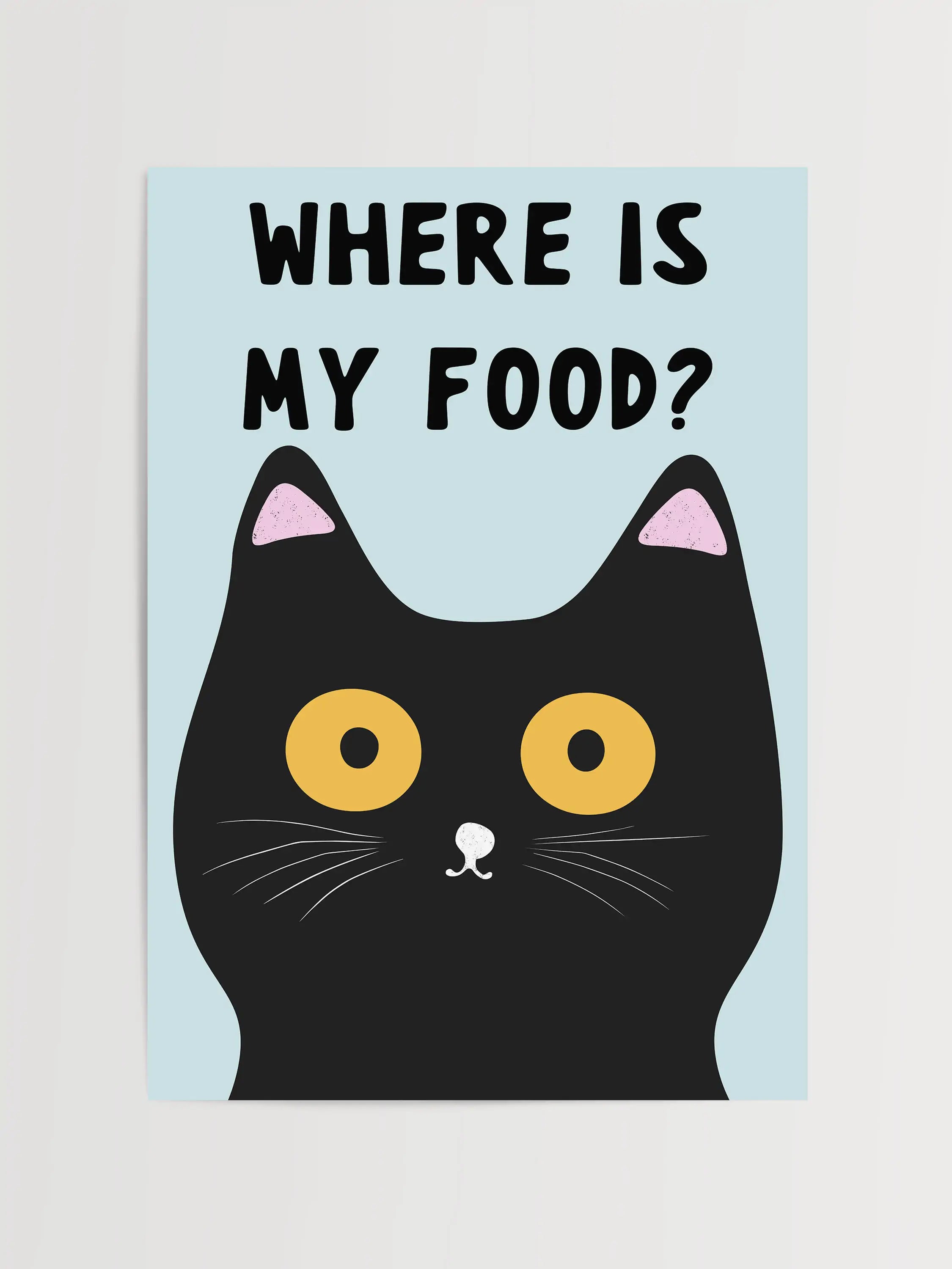 A minimalist black cat illustration with big yellow eyes and "Where Is My Food?" text on a light blue background.